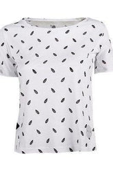 Women's white t-shirt with feather print, eco-friendly and hypoallergenic fabric.